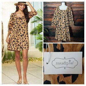 NWT Mud Pie Dress M Atlanta Swing Tan Leopard Square Neck 3/4 Sleeve Cotton